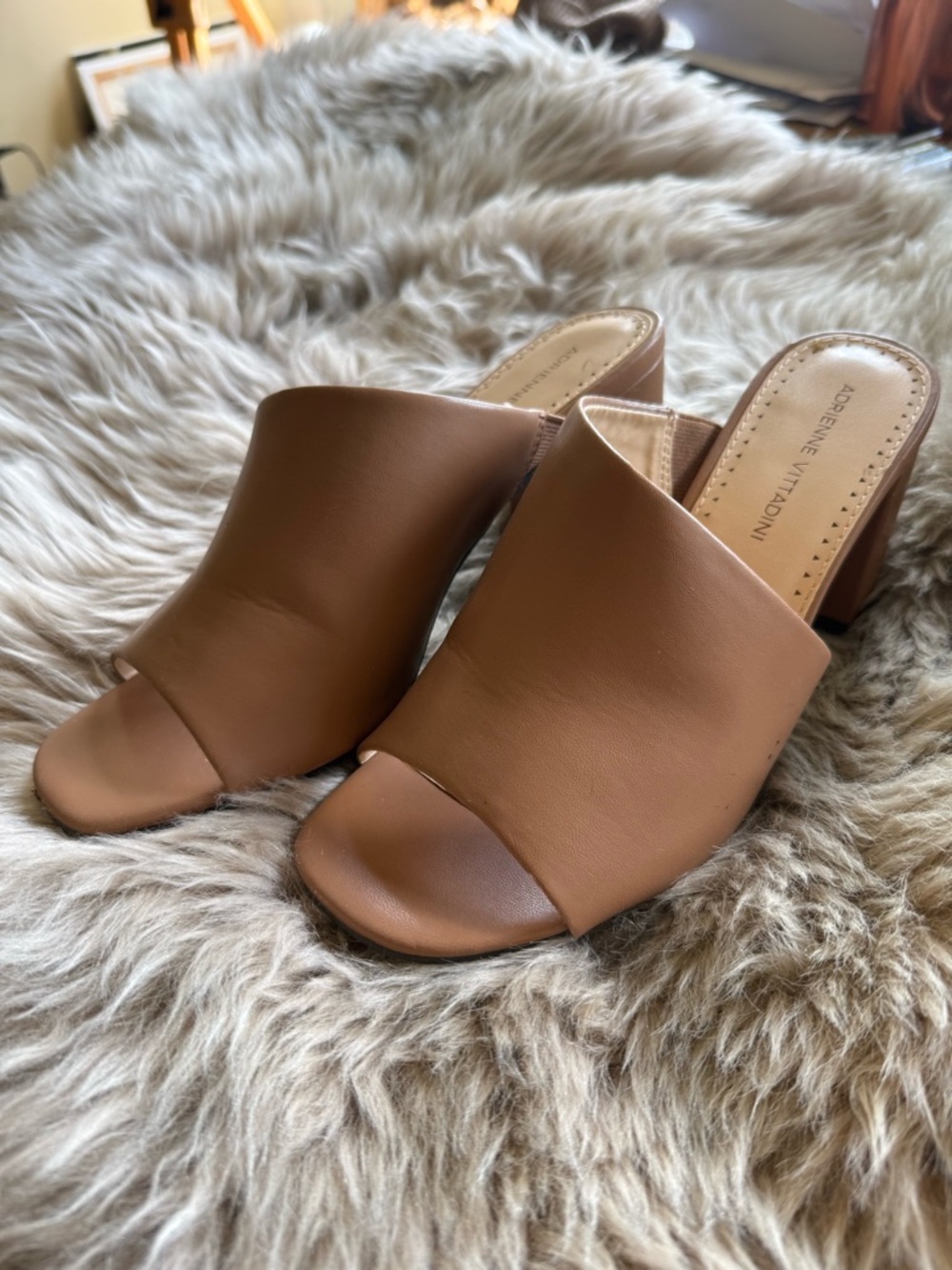 Adrienne Vittadini Brown Open-Toe Leather Mule Heels